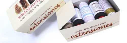 Bobinas y conos de hilo elástico para extensiones en negro, beige y carmelita